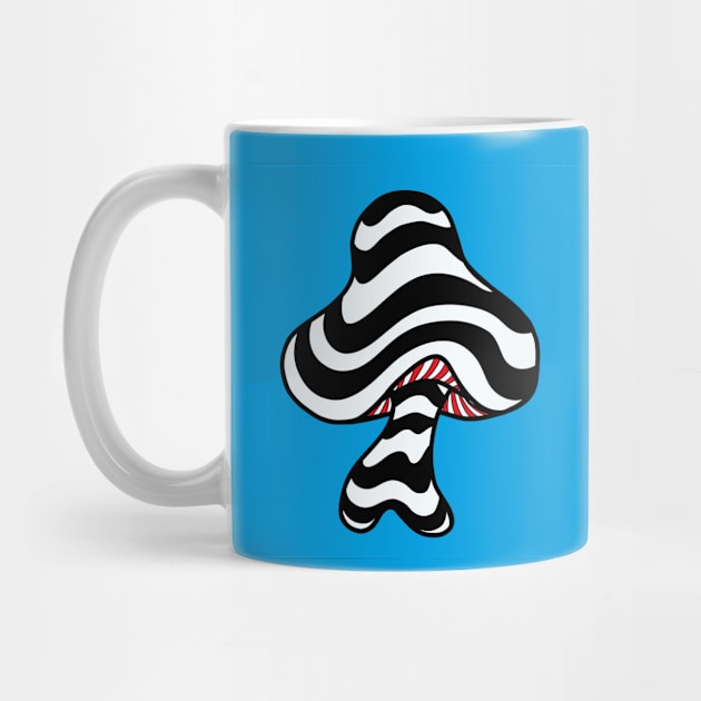 The Perfect Magic Mushroom: Trippy Wavy Black and White Stripes Contour Lines on blue with Red Underbelly. by Ciara Shortall Art